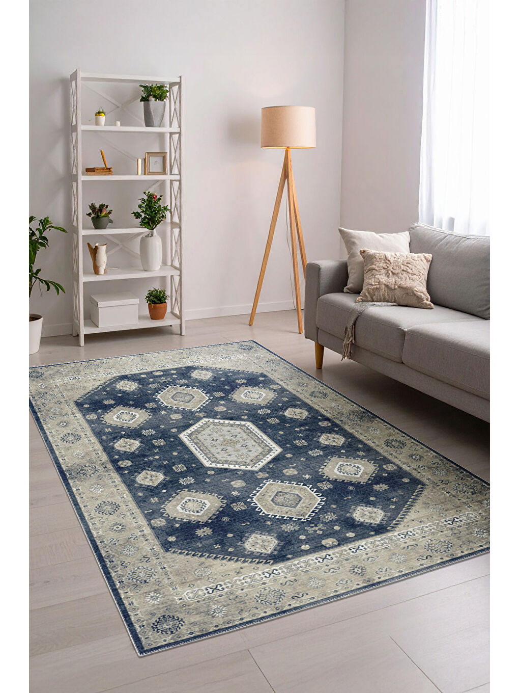 Lacivert Dekoratif Özel Tasarım Yıkanabilir İnce Kaymaz Tabanlı Modern Halı KECE FR24-1