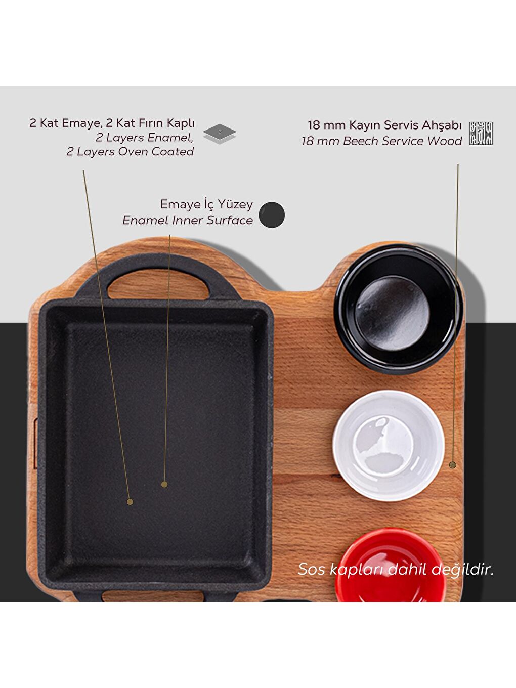 Siyah Dikdörtgen Sahan Döküm Demir Yekpare Çift Kulplu Kayın Servis Ahşabı Ölçü 12x15cm.-3