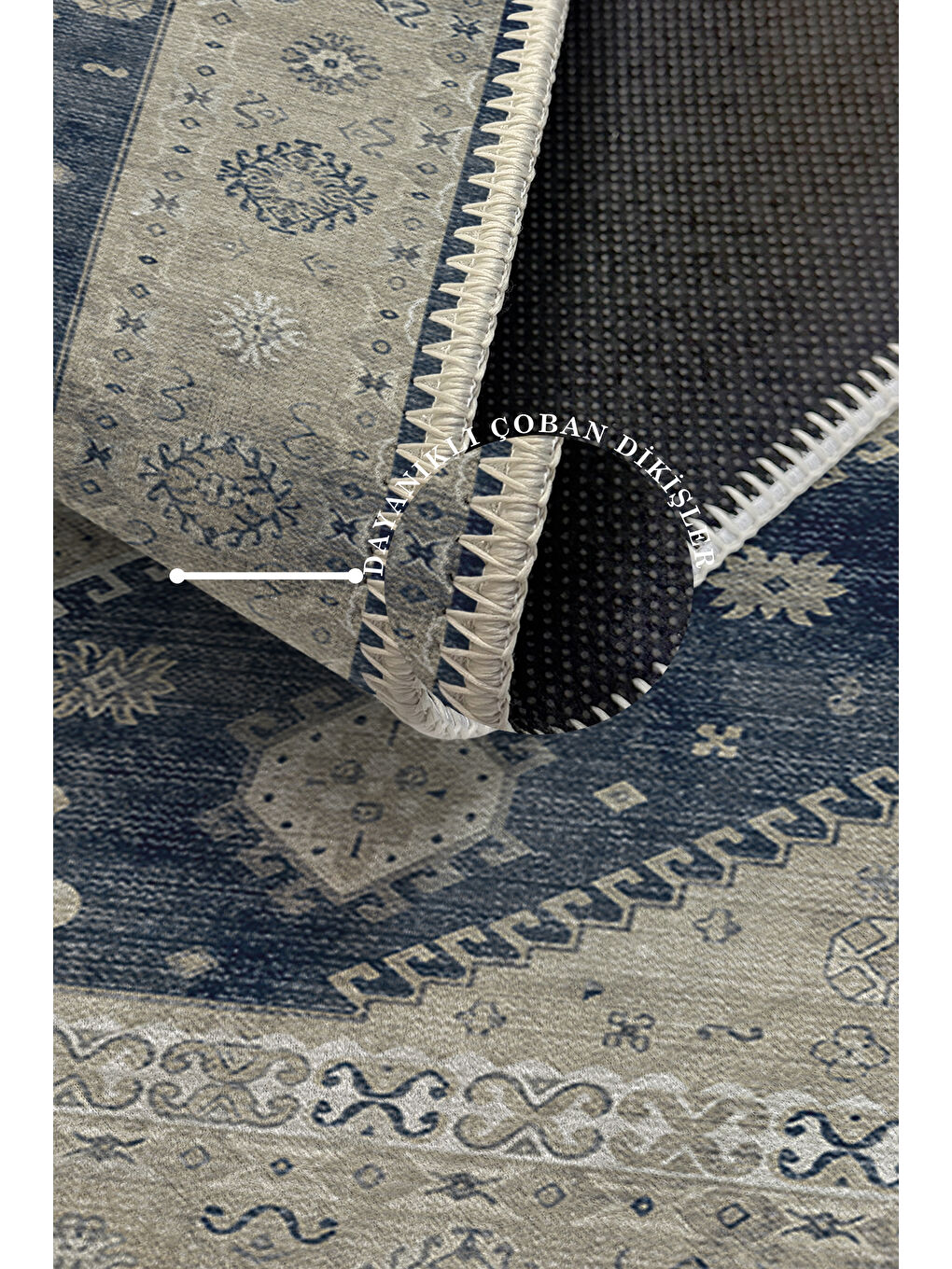 Lacivert Dekoratif Özel Tasarım Yıkanabilir İnce Kaymaz Tabanlı Modern Halı KECE FR24-3