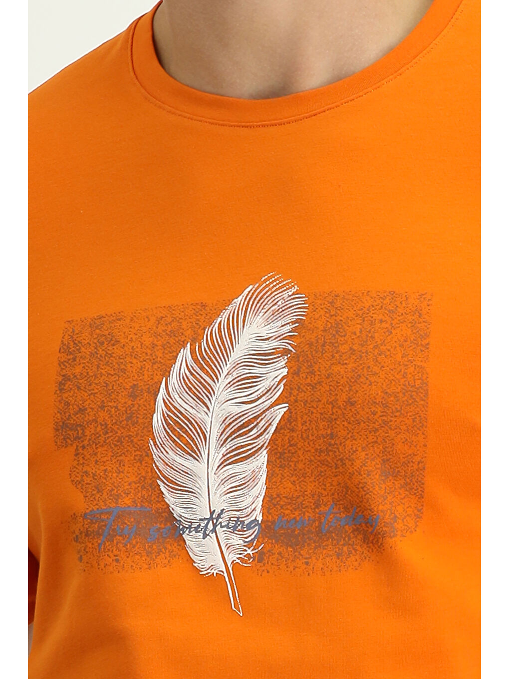 Turuncu Bisiklet Yaka Slim Fit Dar Kesim Baskılı Pamuklu Tişört-4