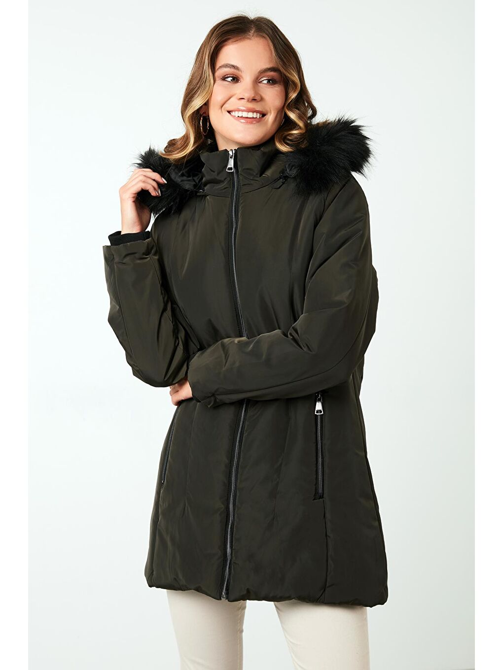 Haki Slim Fit Suni Tüylü Çıkarılabilir Kapüşonlu Kaban 497DEFNE21-2