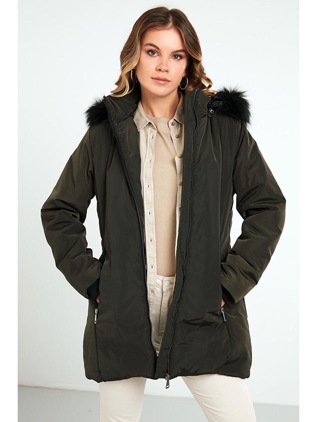 Haki Slim Fit Suni Tüylü Çıkarılabilir Kapüşonlu Kaban 497DEFNE21-3