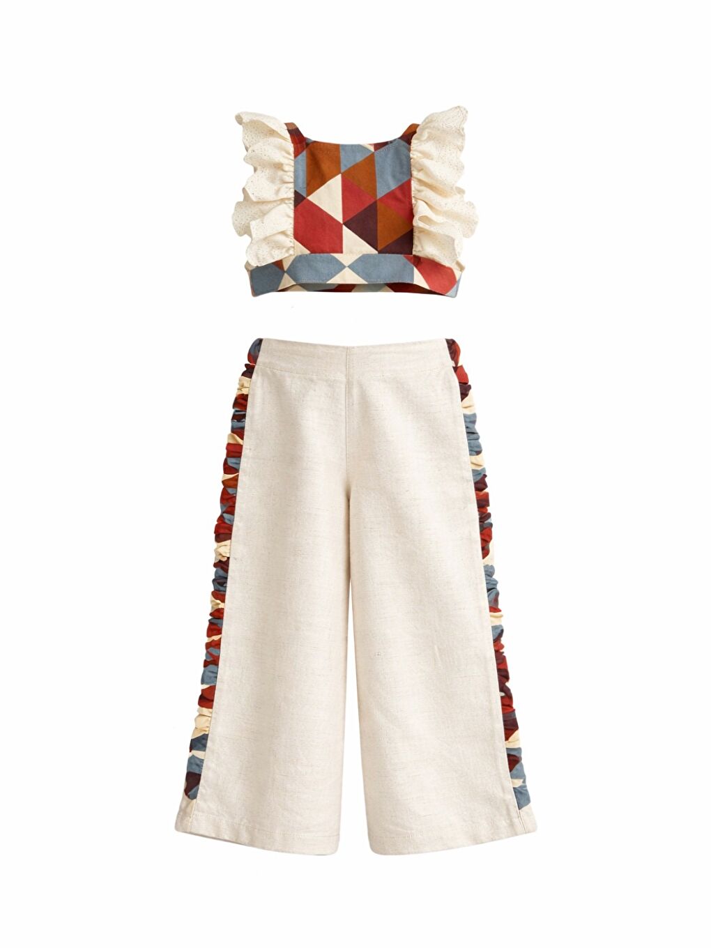 Bej Kız Çocuk Kolları Volanlı Sırt Kurdela Detaylı Askılı Salopet Tulum