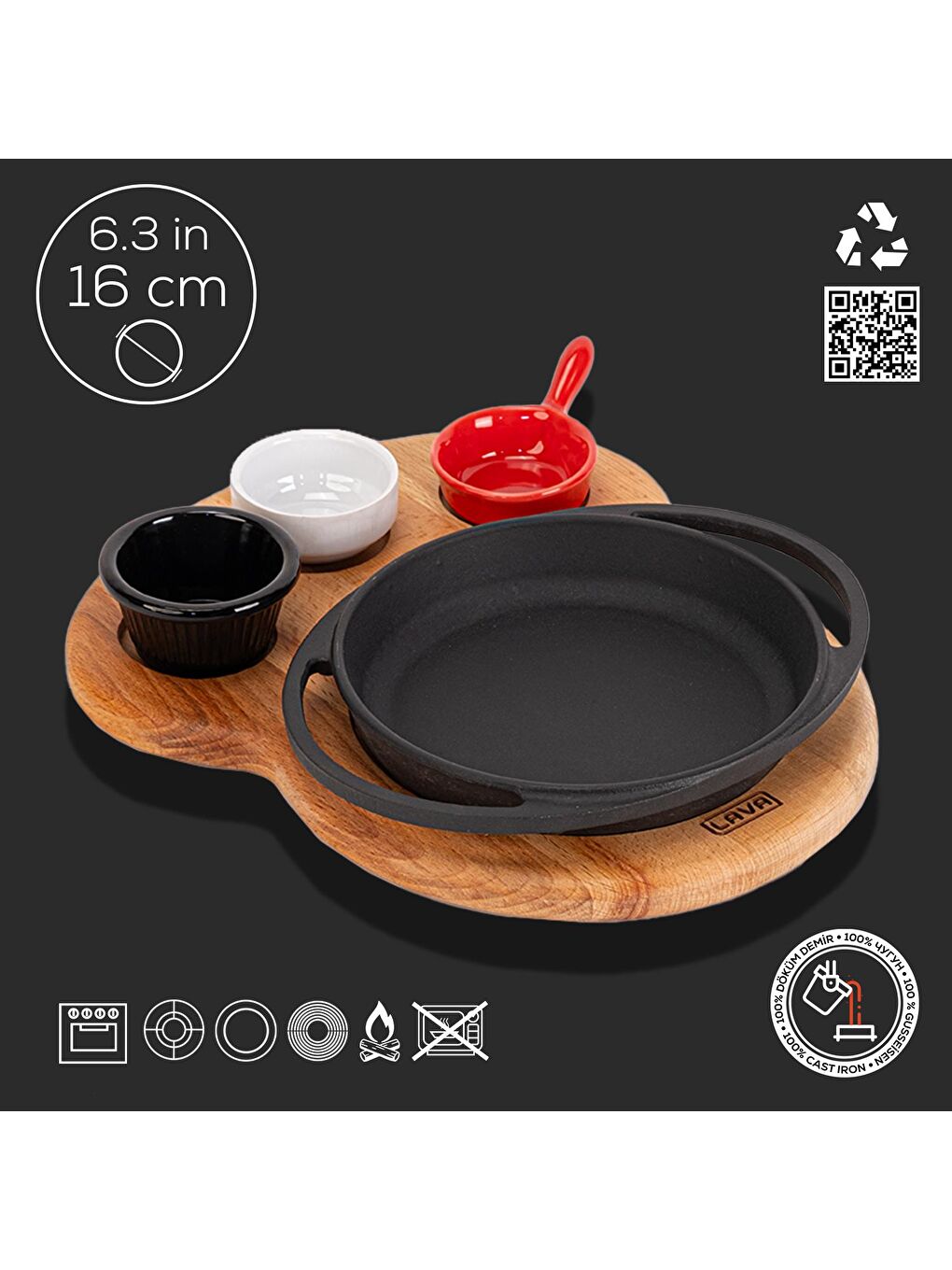 Siyah Yuvarlak Sahan Döküm Demir Yekpare Çift Kulplu Kayın Servis Ahşabı Çap(Ø)16cm.-1