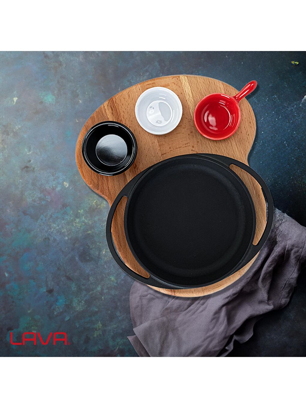 Siyah Yuvarlak Sahan Döküm Demir Yekpare Çift Kulplu Kayın Servis Ahşabı Çap(Ø)16cm.-4