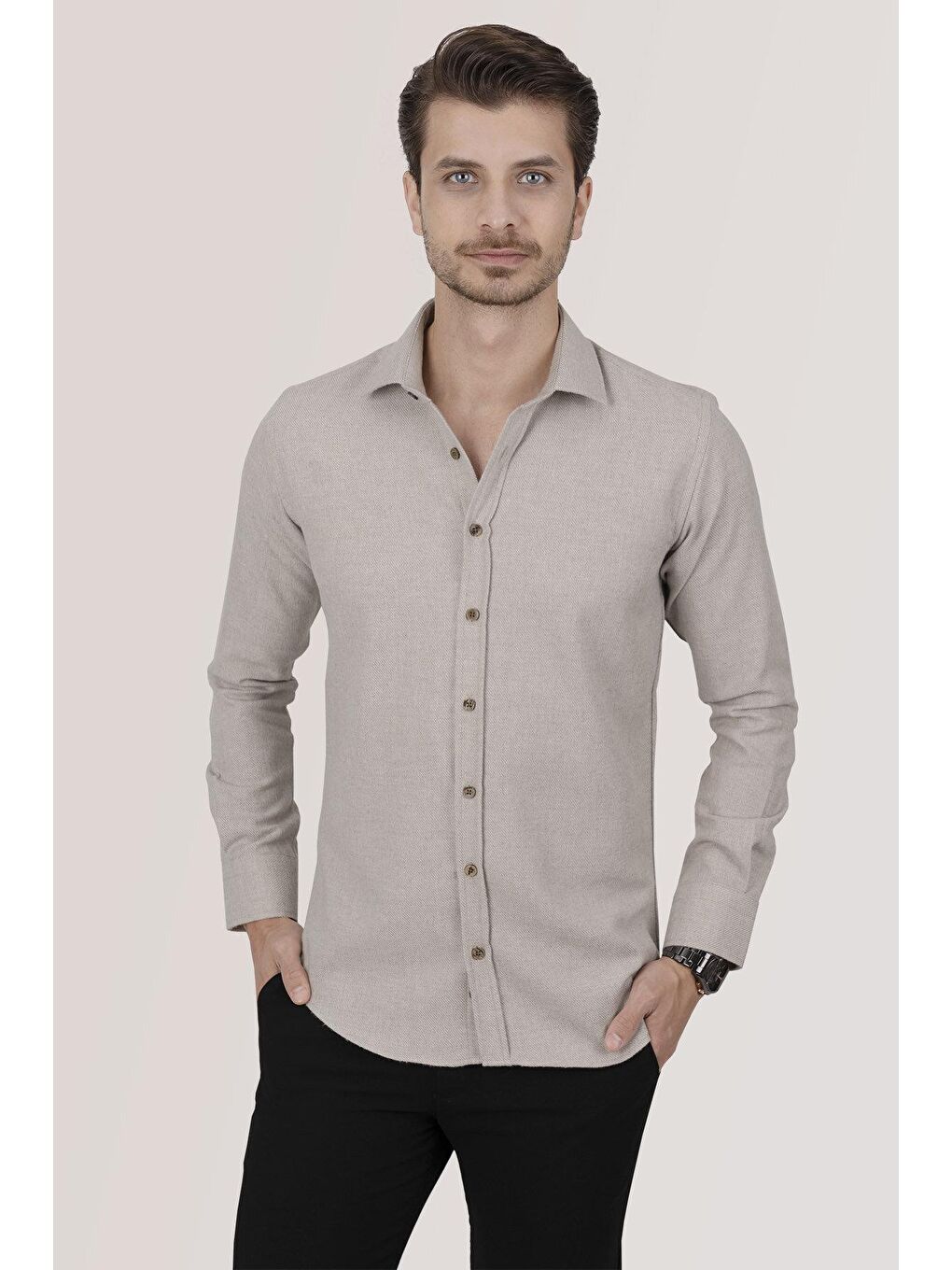 Kahverengi Sütlü Kahve Slimfit Düz Oduncu Erkek Gömlek-1