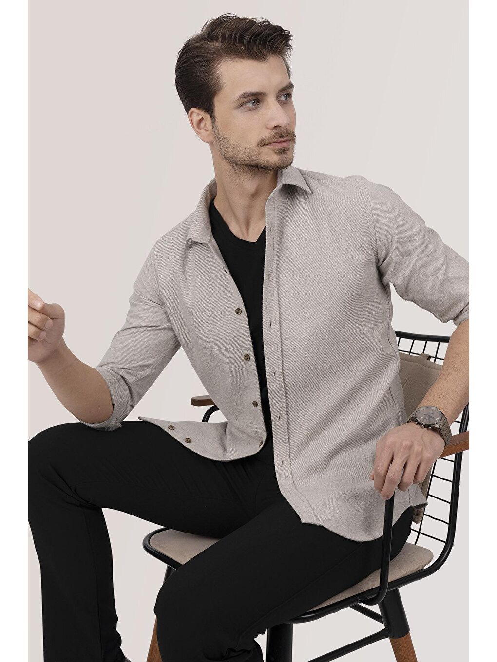 Kahverengi Sütlü Kahve Slimfit Düz Oduncu Erkek Gömlek-2