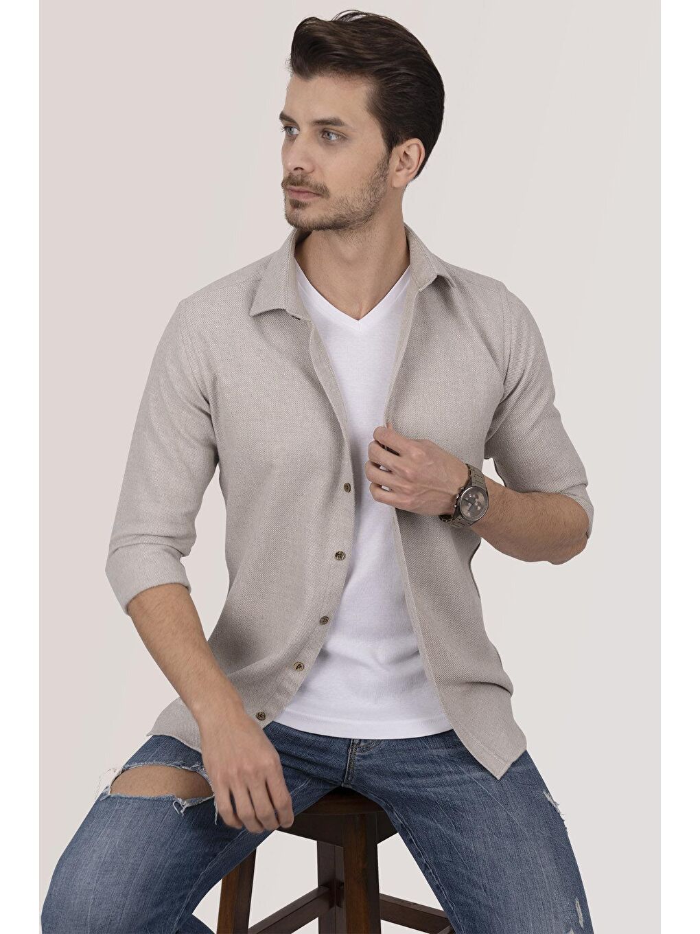 Kahverengi Sütlü Kahve Slimfit Düz Oduncu Erkek Gömlek-4