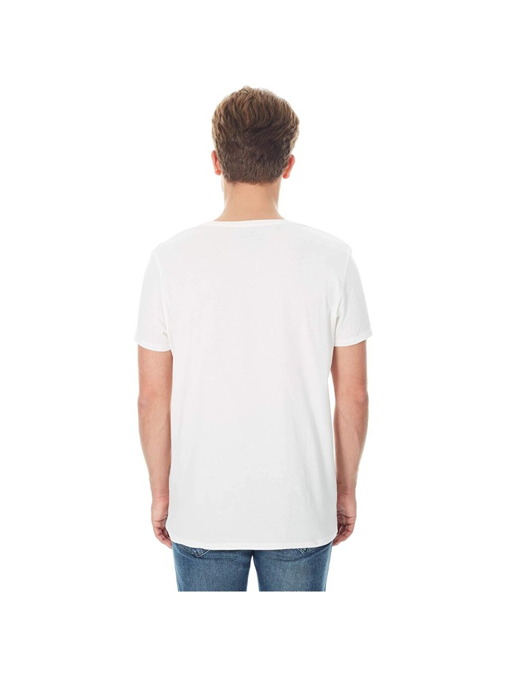 Erkek Beyaz Baskılı Bisiklet Yaka %100 Pamuk Tişört-1