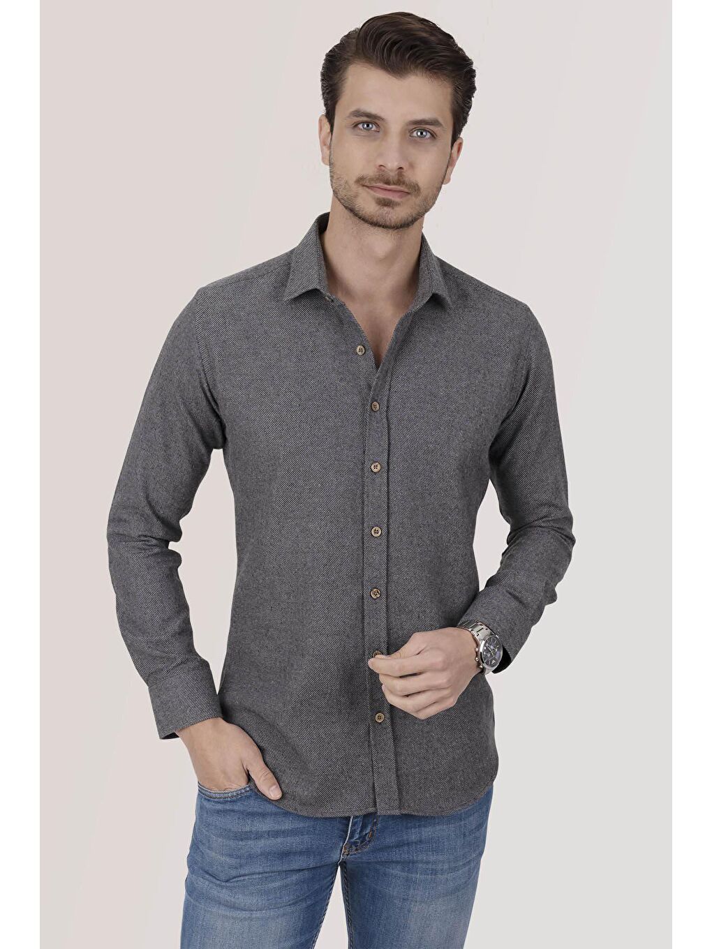 Etikmen Gri Füme Düz Oduncu Slimfit Erkek Gömlek - 1