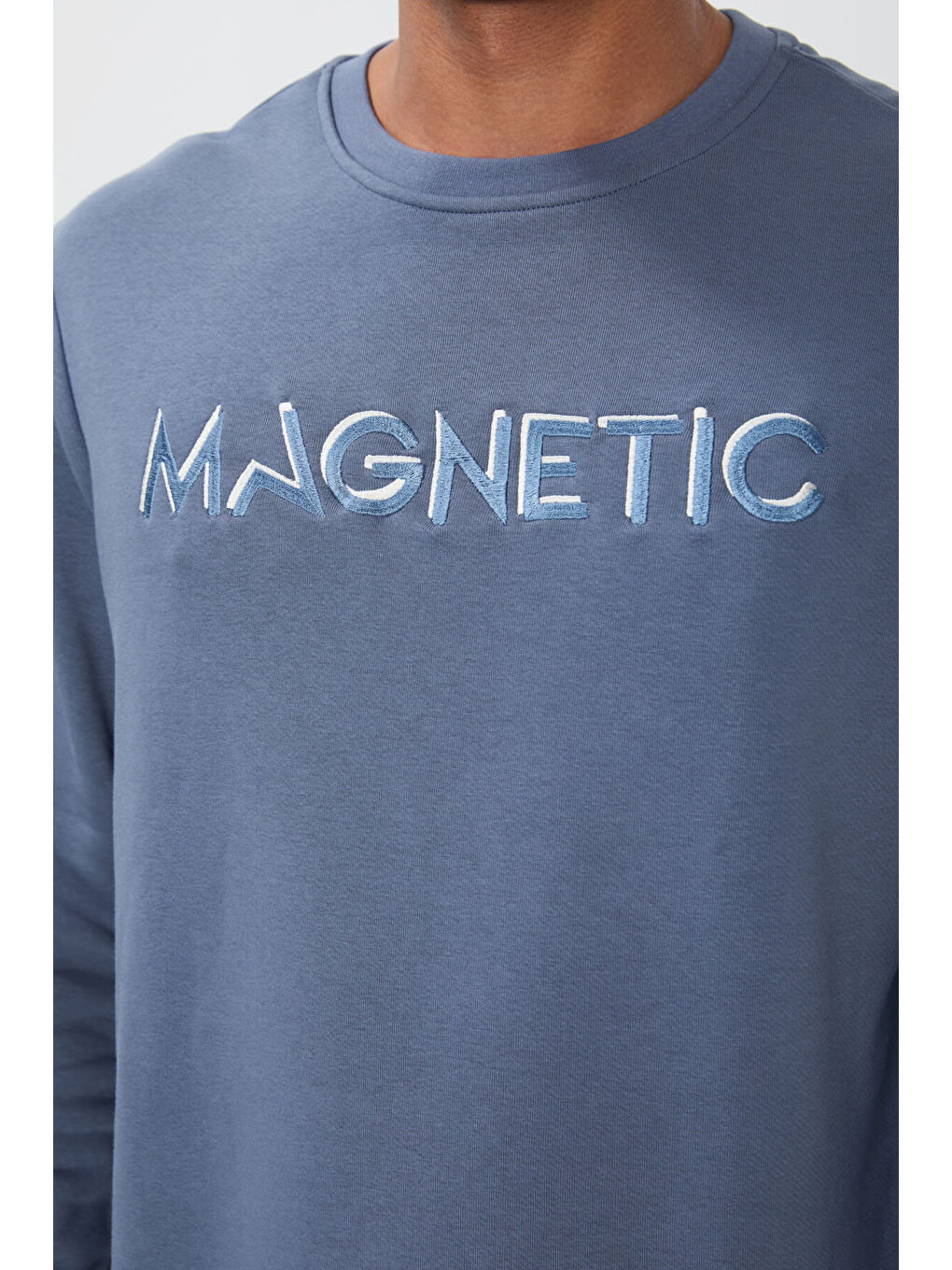 Petrol Yazı Nakışlı Bisiklet Yaka Rahat Form Erkek Sweatshirt - 88020-3