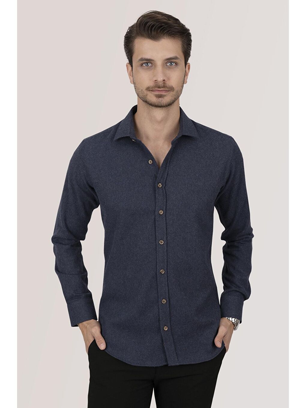 Lacivert Düz Slimfit %100 Pamuk Erkek Oduncu Gömlek-1