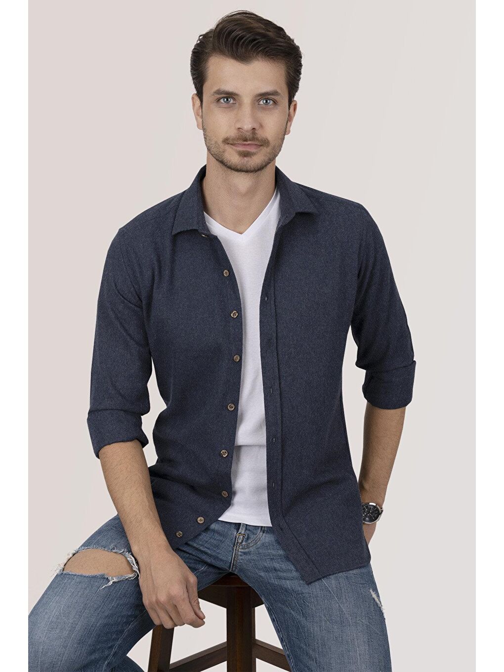 Lacivert Düz Slimfit %100 Pamuk Erkek Oduncu Gömlek-2