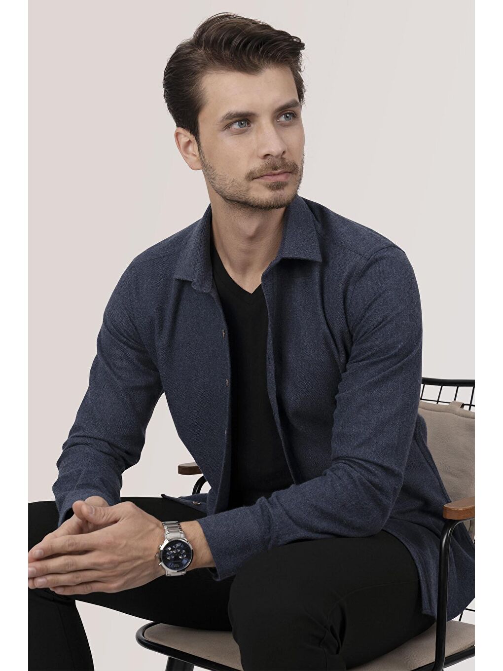 Lacivert Düz Slimfit %100 Pamuk Erkek Oduncu Gömlek-4