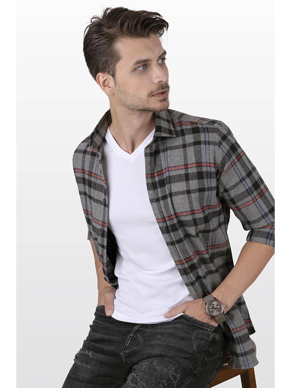 Gri Füme Kırmızı Çizgili SlimFit %100 Pamuk Erkek Oduncu Gömlek-2