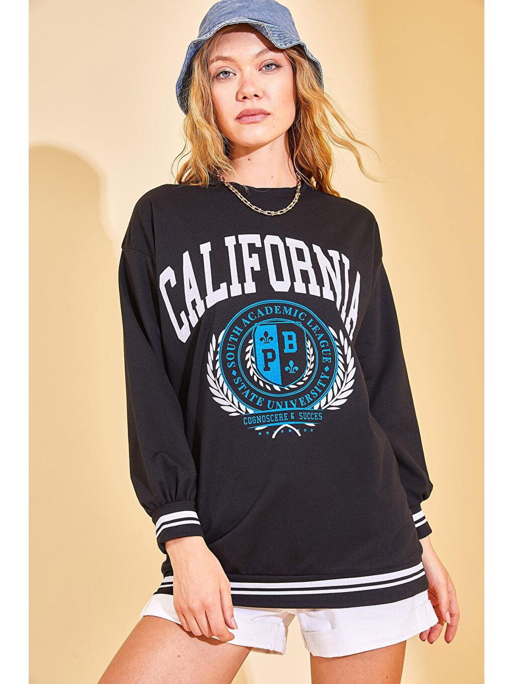 XHAN Siyah California Baskılı Bisiklet Yaka Sweatshirt 3KXK8-46805-02