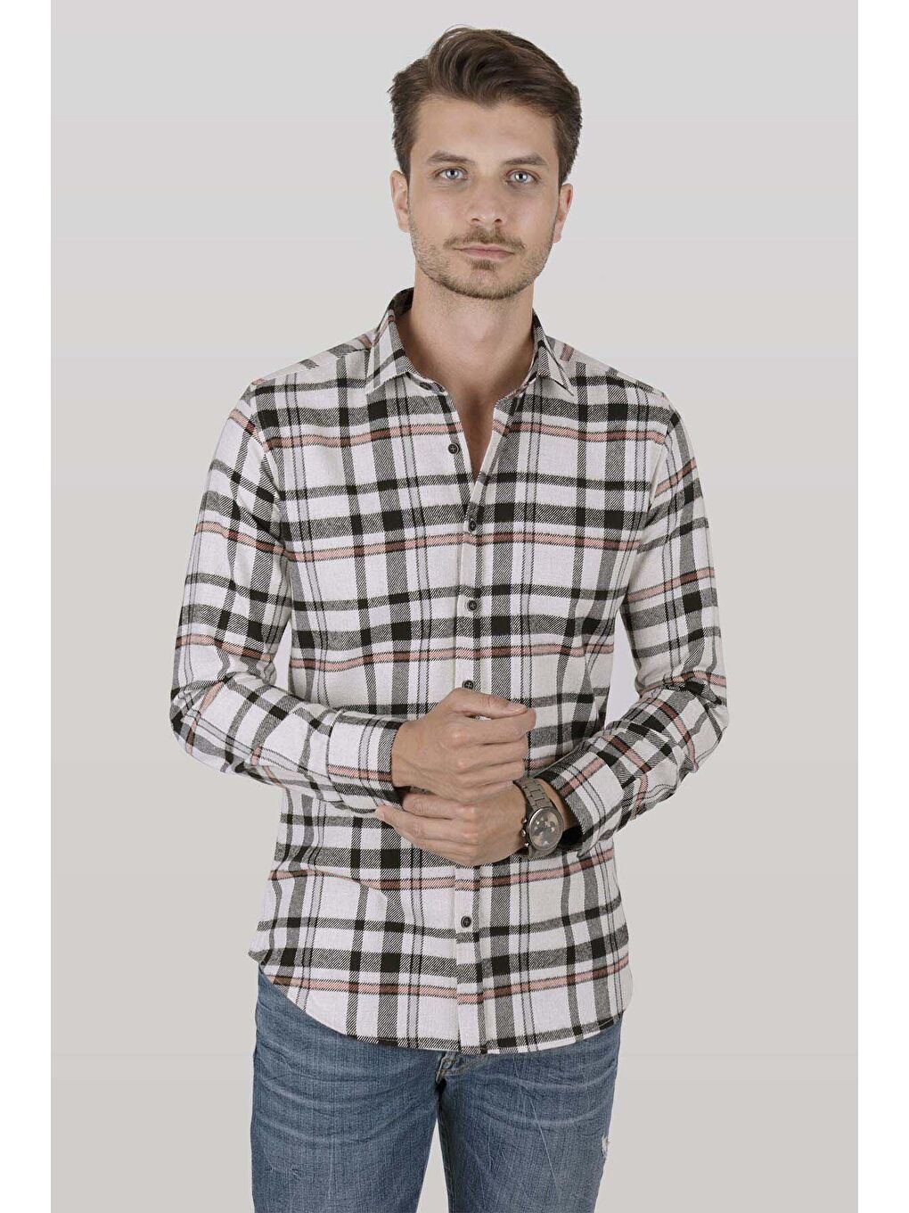 Etikmen Beyaz Biyaz Siyah Çizgili SlimFit Oduncu Erkek Gömlek - 1
