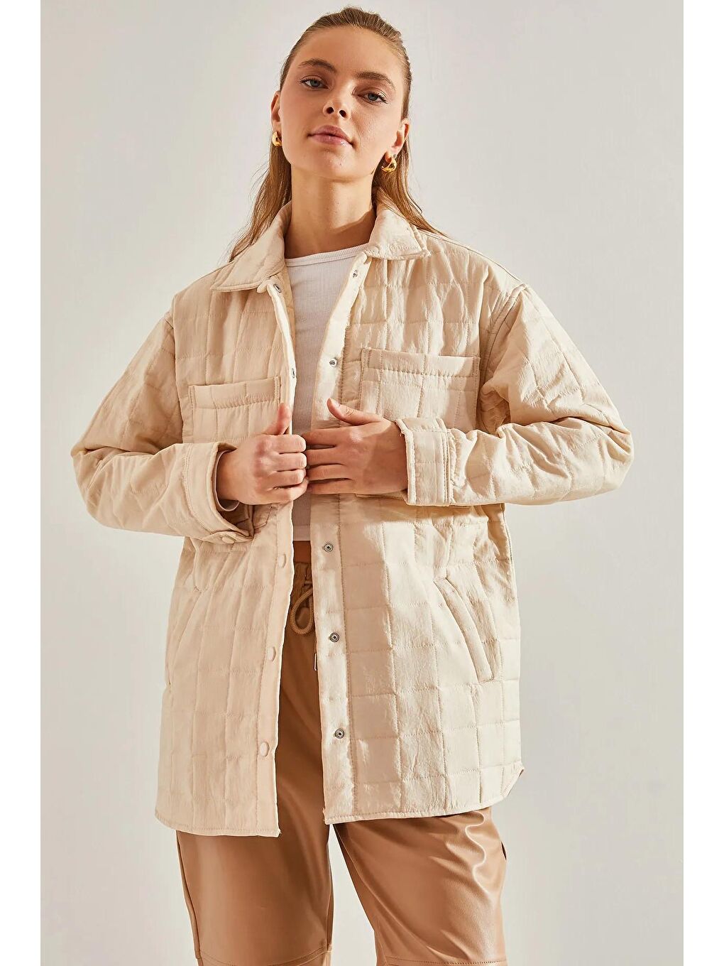 Bej Kadın 4 Cepli Kapitone Mont-3