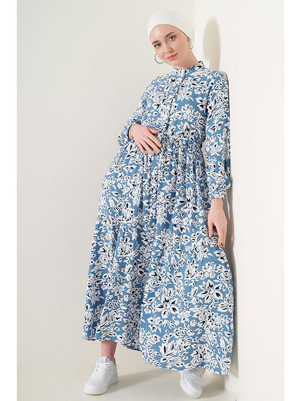 2144 Hakim Yaka Tesettür Elbise - Mavi