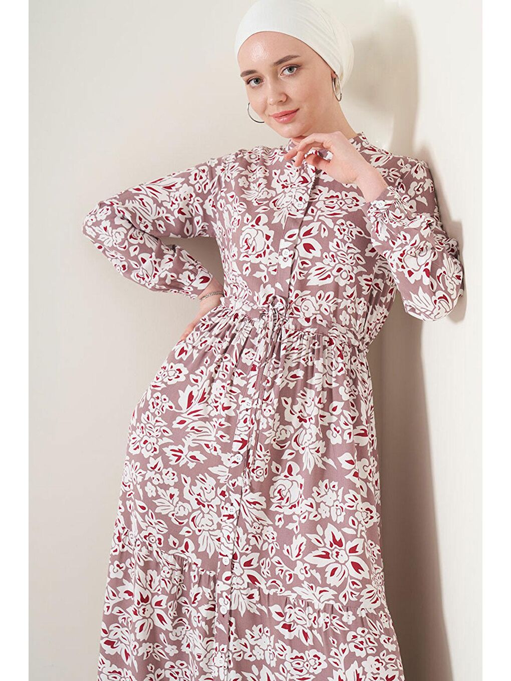 Pembe 2144 Hakim Yaka Tesettür Elbise - Gül Kurusu