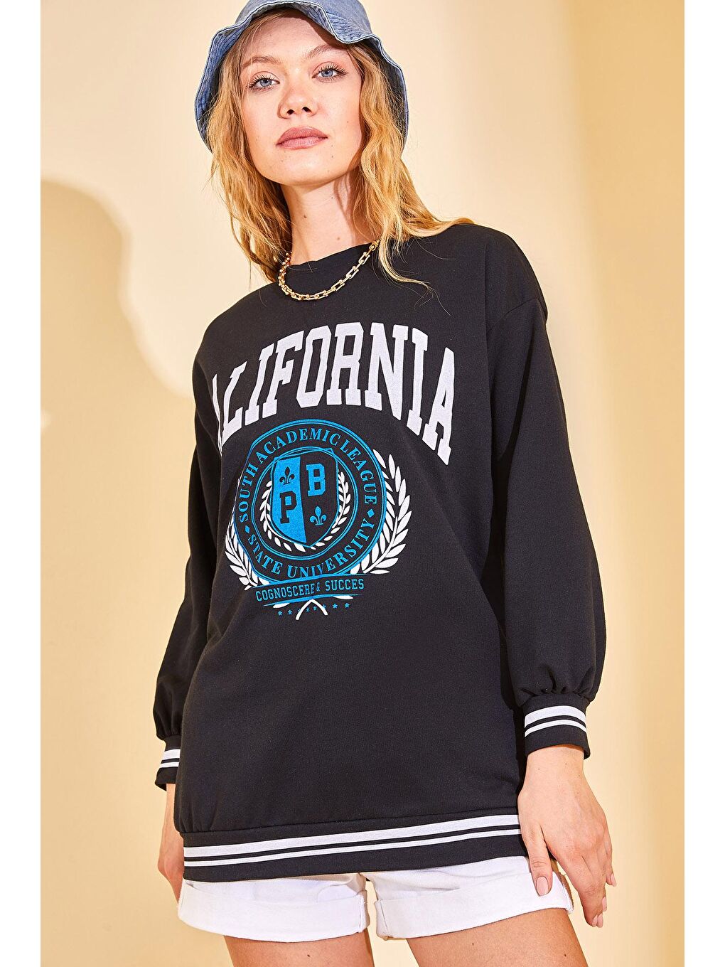 XHAN Siyah California Baskılı Bisiklet Yaka Sweatshirt 3KXK8-46805-02 - 1