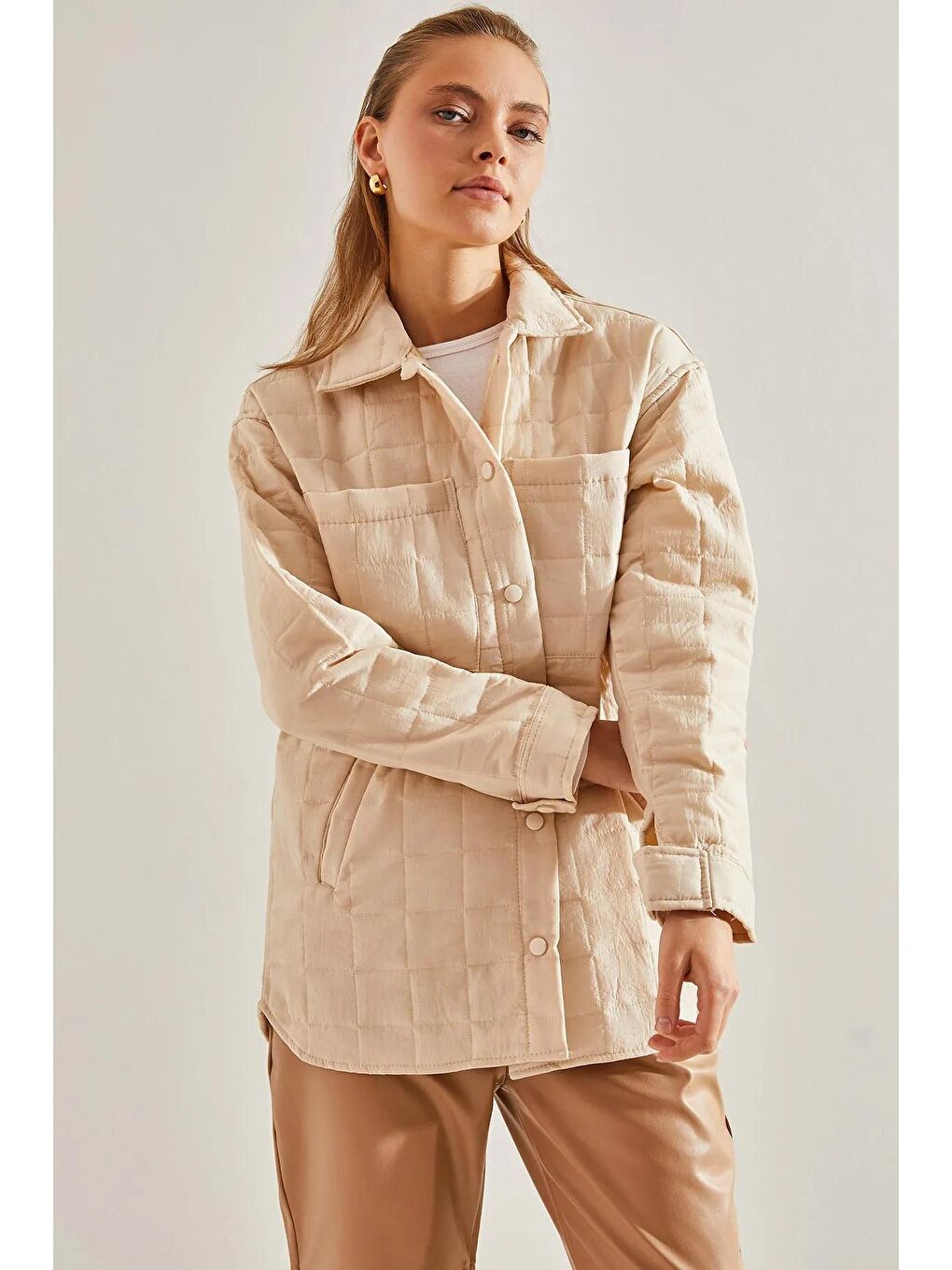 Bej Kadın 4 Cepli Kapitone Mont-4