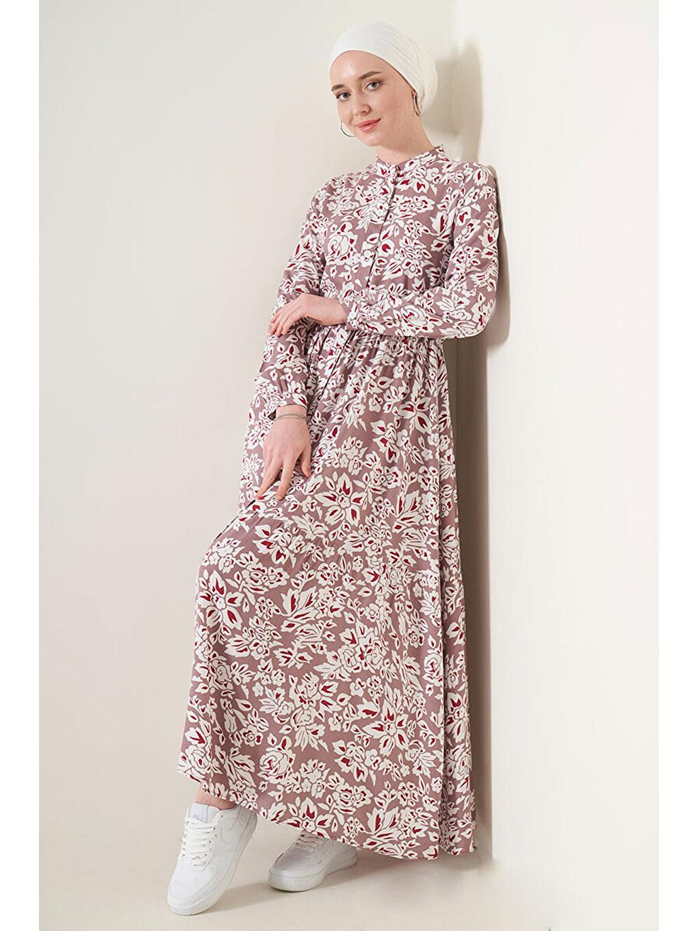 Pembe 2144 Hakim Yaka Tesettür Elbise - Gül Kurusu-1