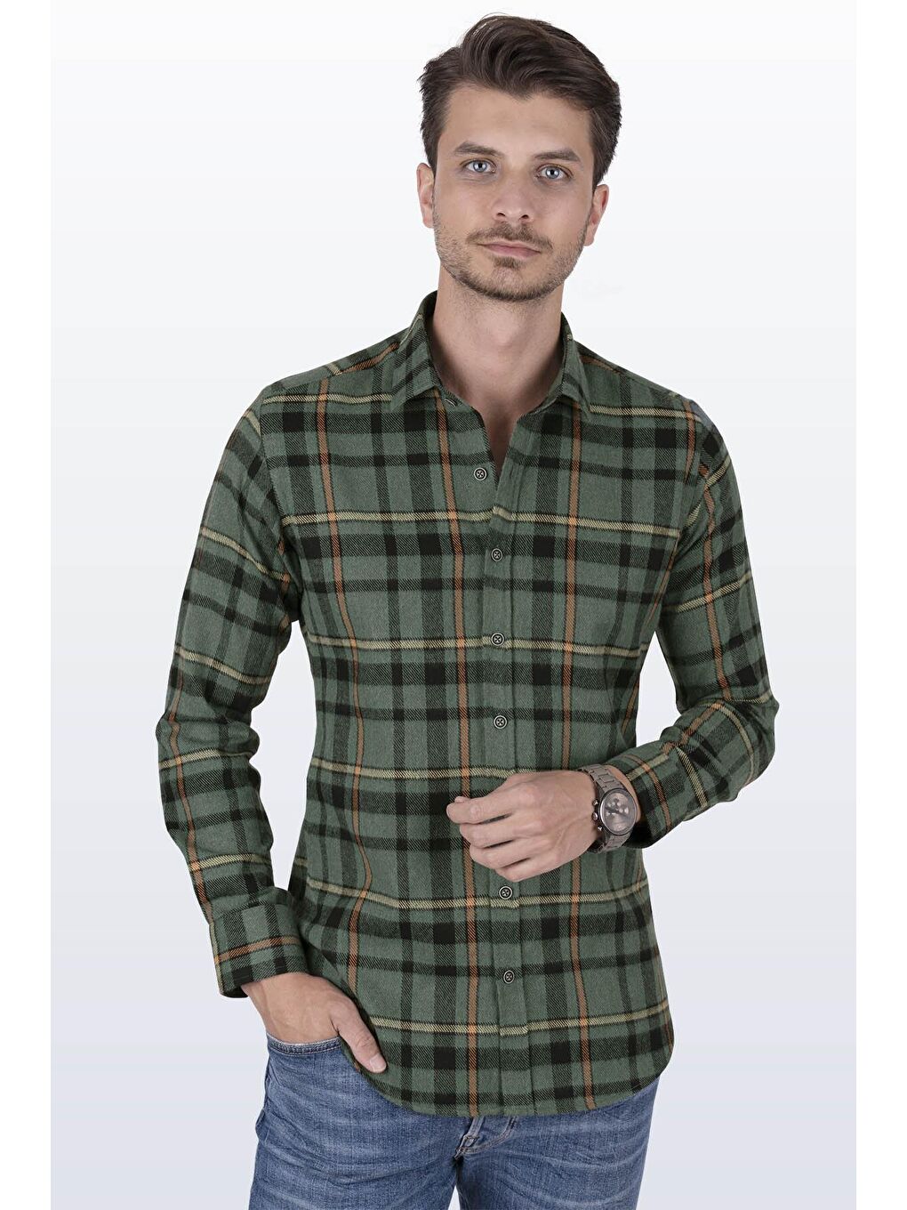 Yeşil Turuncu Çizgili SlimFit Oduncu Erkek Gömlek-1