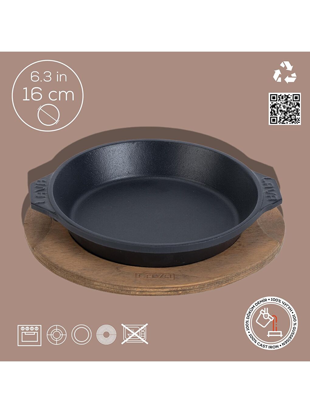 Siyah Yuvarlak Servis Tabağı ve Ahşap Altlık  16 cm-1