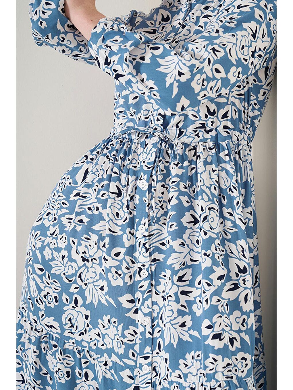 2144 Hakim Yaka Tesettür Elbise - Mavi-2