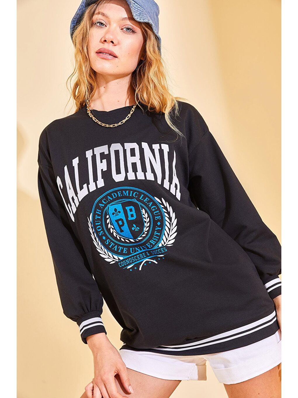 XHAN Siyah California Baskılı Bisiklet Yaka Sweatshirt 3KXK8-46805-02 - 3