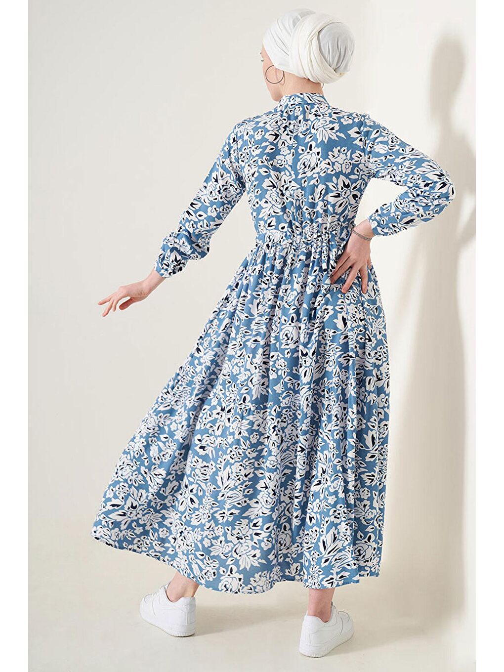 2144 Hakim Yaka Tesettür Elbise - Mavi-3