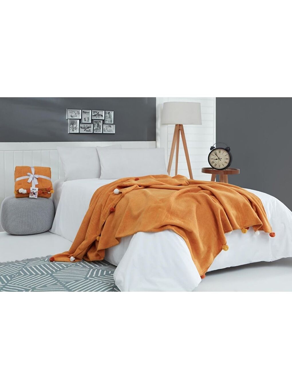 Sarı Tek Kişilik Ponponlu Pike Battaniye 150x200 Hardal-1