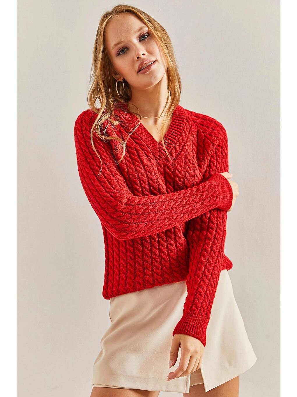 Kırmızı Kadın Saç Örgülü Kazak