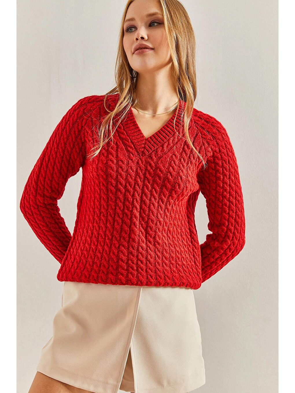 Kırmızı Kadın Saç Örgülü Kazak-1