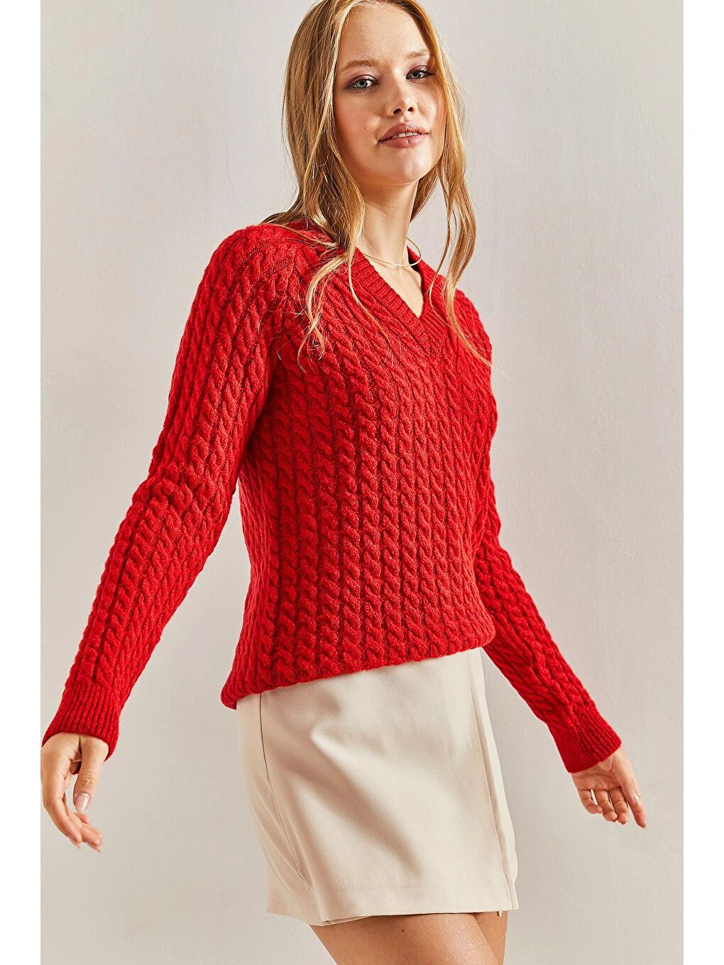 Kırmızı Kadın Saç Örgülü Kazak-3