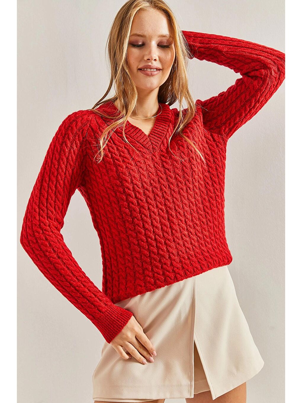 Kırmızı Kadın Saç Örgülü Kazak-4