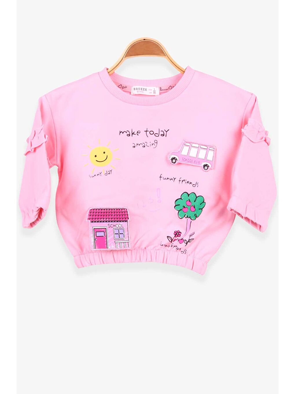 Breeze Pudra Pembe Kız Bebek Sweatshirt Okul Temalı Pudra (1 Yaş)