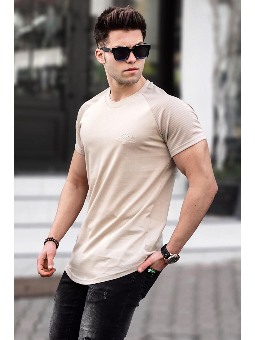 Madmext Erkek Bej Basic Tişört 5843