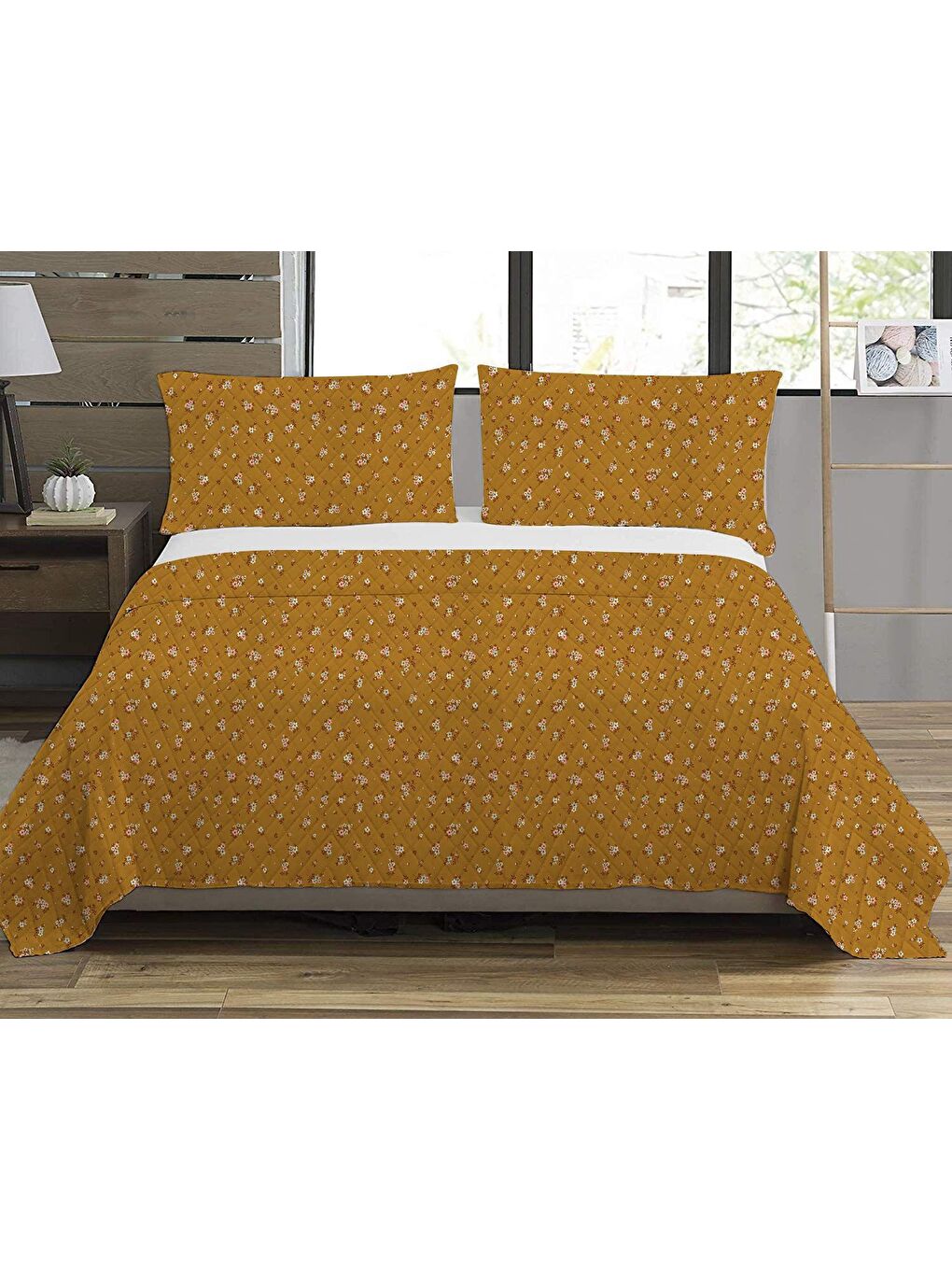 Karışık Modern Desen Çift Kişilik Baskılı Pike (200x220 Cm) Sarı