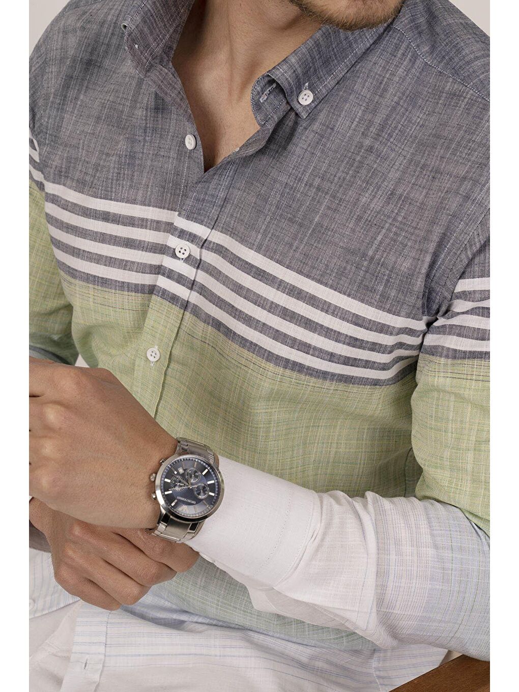 Panolu Gri Yeşil Slimfit Keten Erkek %100 Pamuk Gömlek