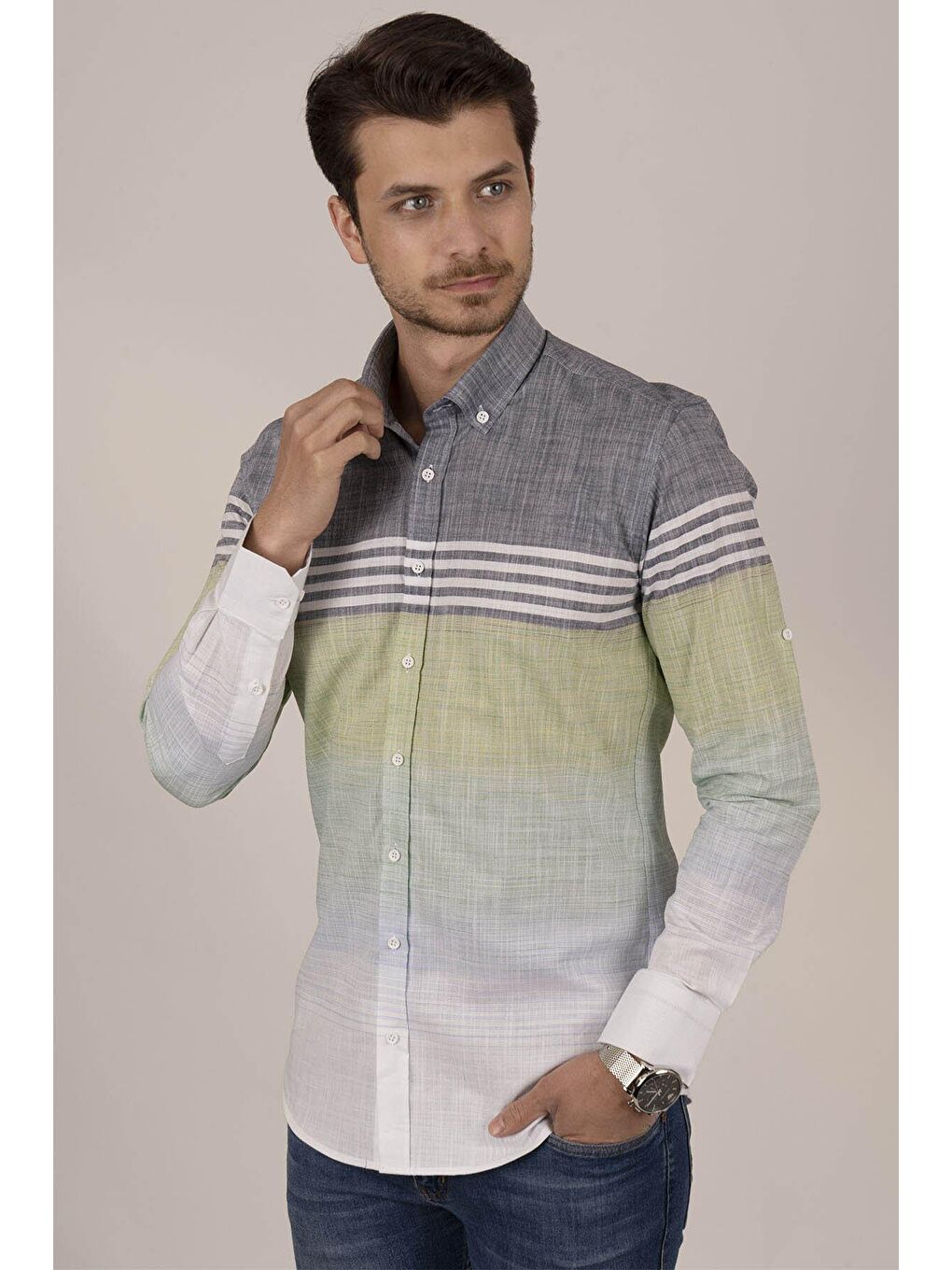 Panolu Gri Yeşil Slimfit Keten Erkek %100 Pamuk Gömlek-1