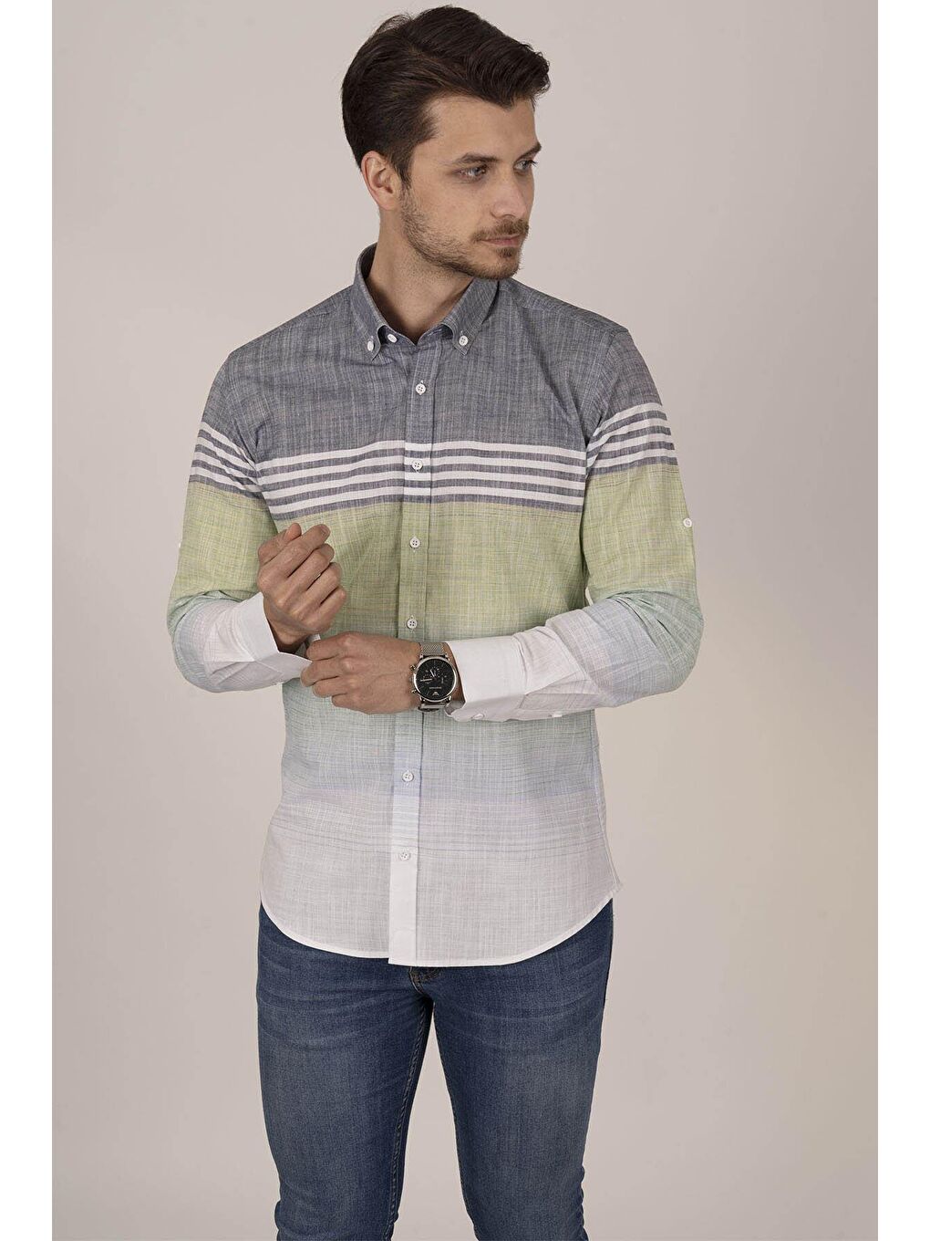 Panolu Gri Yeşil Slimfit Keten Erkek %100 Pamuk Gömlek-2