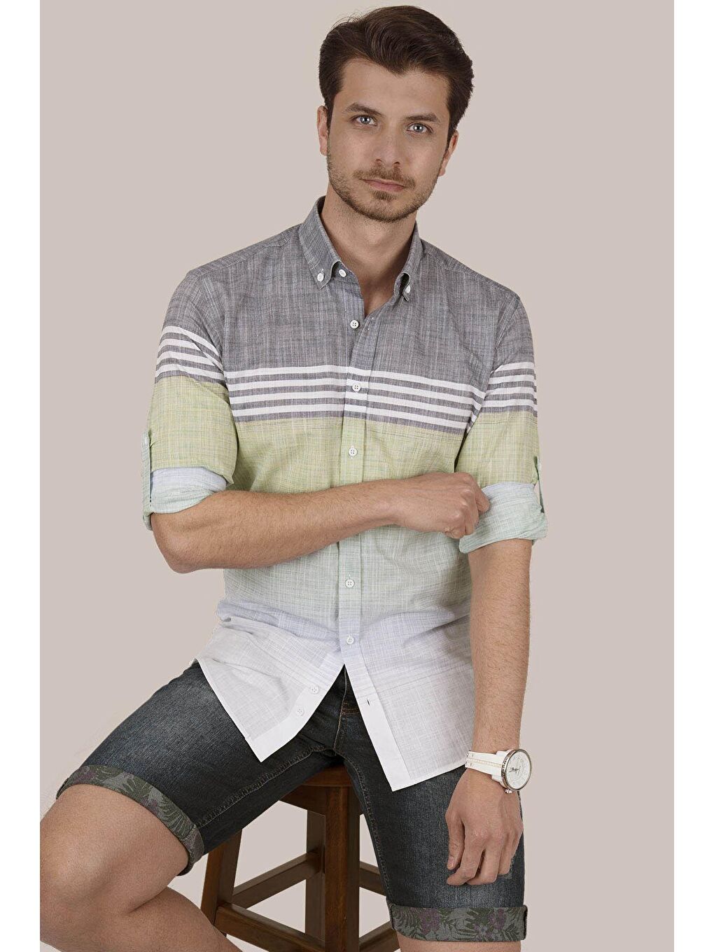 Panolu Gri Yeşil Slimfit Keten Erkek %100 Pamuk Gömlek-3