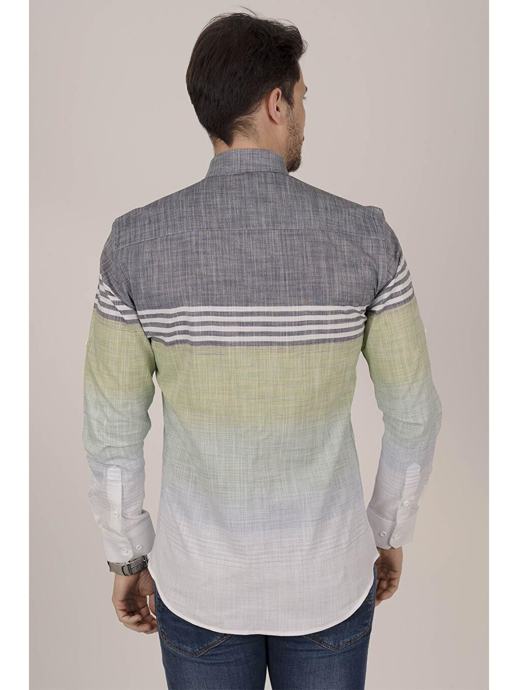 Panolu Gri Yeşil Slimfit Keten Erkek %100 Pamuk Gömlek-4