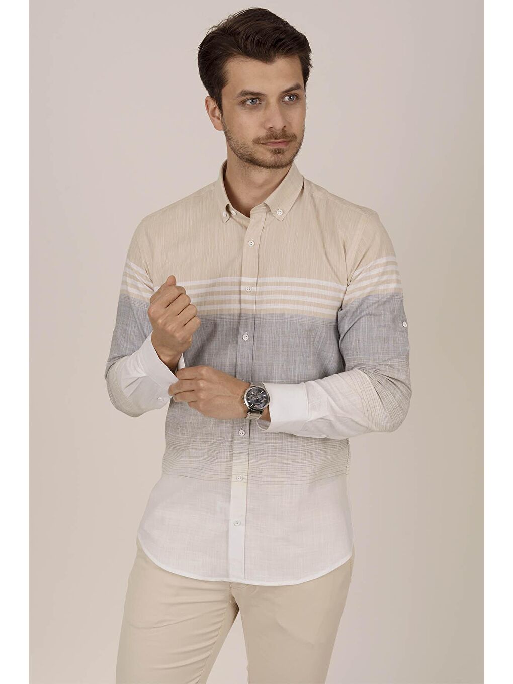 Panolu Bej Gri Slimfit Keten Erkek %100 Pamuk Gömlek-1