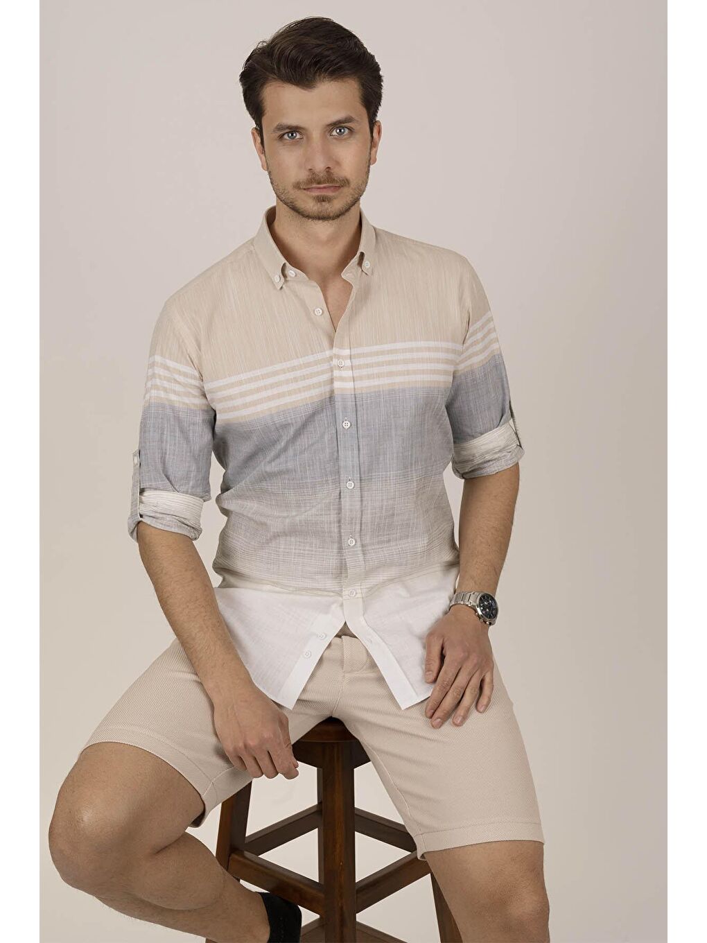 Panolu Bej Gri Slimfit Keten Erkek %100 Pamuk Gömlek-2