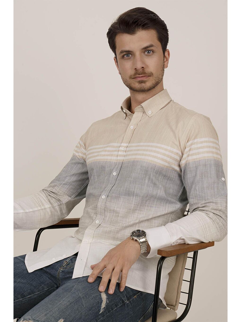 Panolu Bej Gri Slimfit Keten Erkek %100 Pamuk Gömlek-3