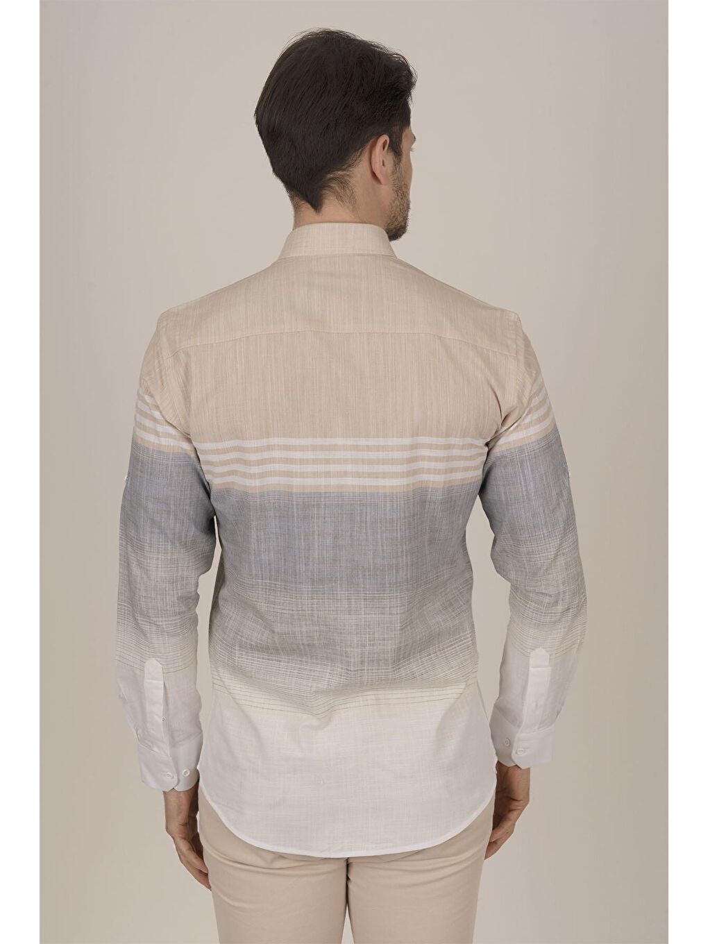 Panolu Bej Gri Slimfit Keten Erkek %100 Pamuk Gömlek-4