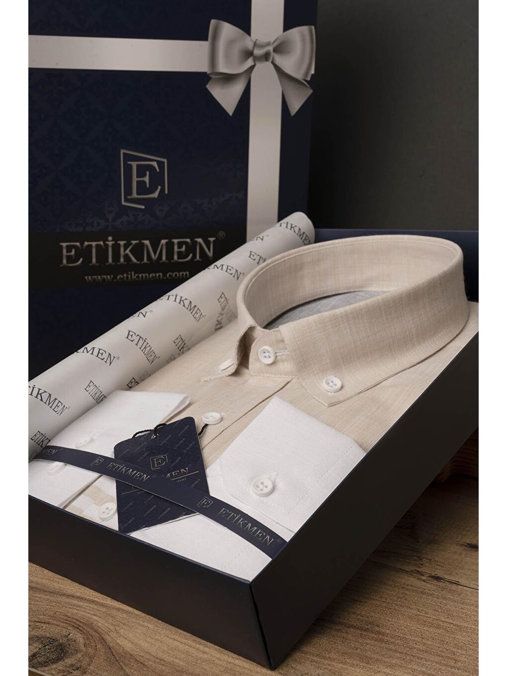 Panolu Bej Gri Slimfit Keten Erkek %100 Pamuk Gömlek-5